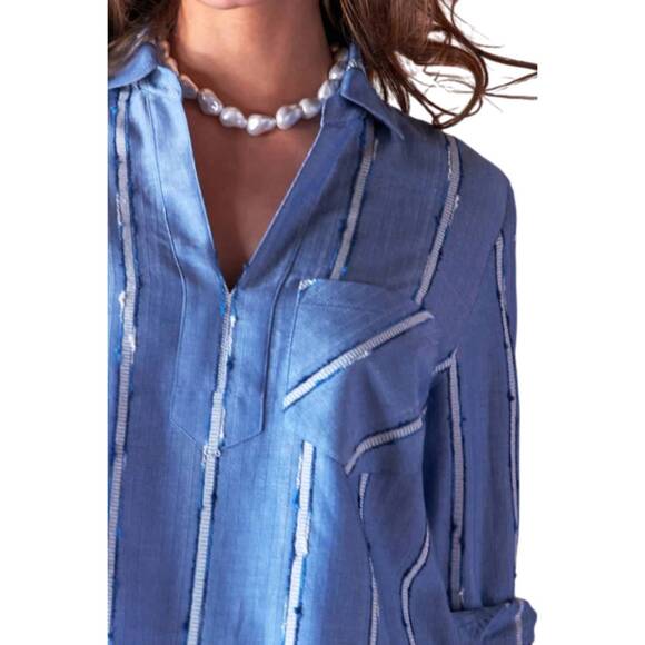 NEW FINLEY ethnic stripe joni popover shirt in blue/white - Picture 2 of 3